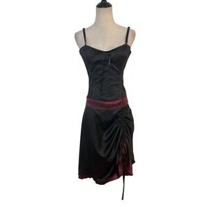 Vtg 90s Lip Service Dress Sz M Satin Black Midi Slip Ruched Skirt Whimsigoth